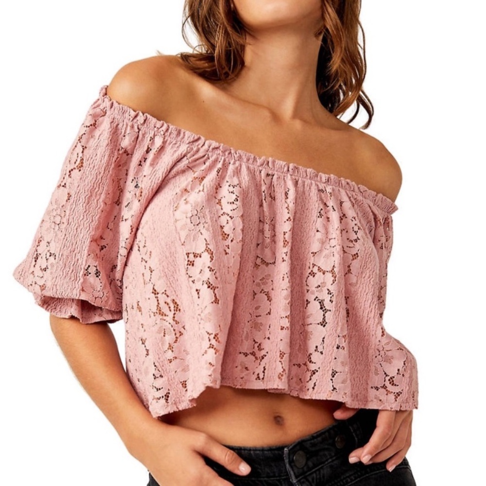 Free People Stacey Lace Blush Crop Puff Sleeve Relaxed Fit Top Size Small